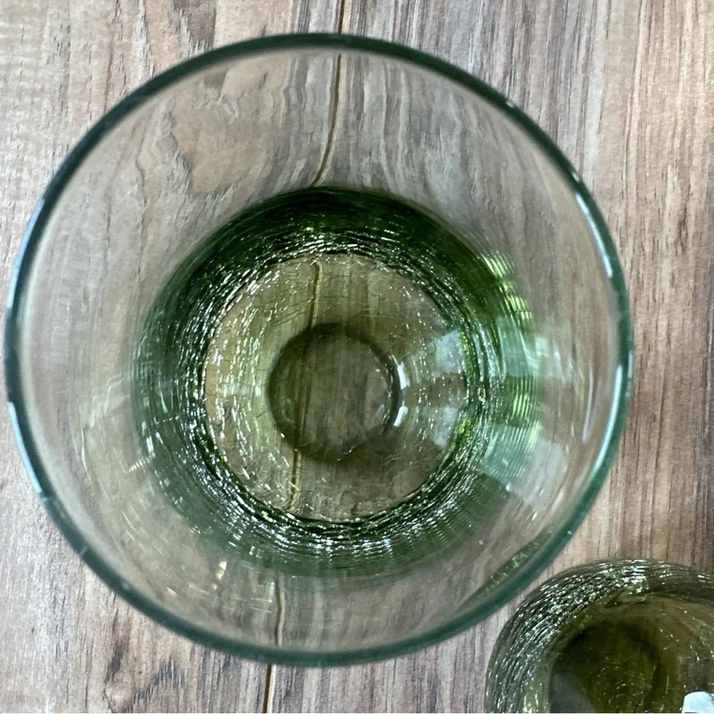 Two Pier 1 Crackle Glass Tumbler Olive Green Highball  Retired  Blown Glass